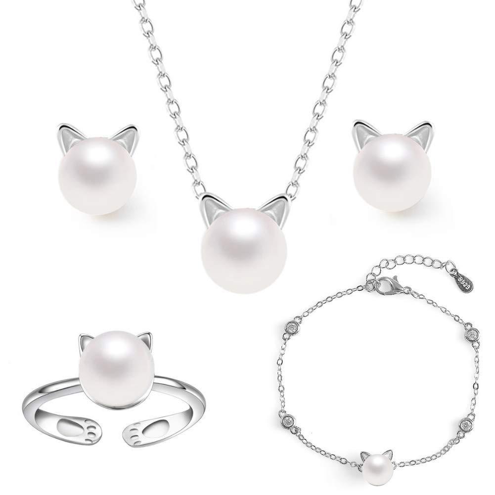 [Australia] - ISAACSONG.DESIGN Sterling Silver Cat Kitty Jewelry Set - Cat Lovers Necklace, Earrings, Bracelet, Ring Set for Women Cute Cat with Pearl 4 Pcs Set 