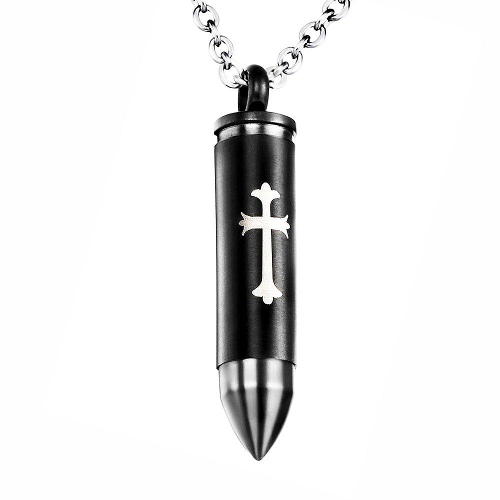 [Australia] - Bullet Cross Cremation Jewelry Urn Necklace for Ashes Stainless Steel Memorial Urn Pendant for Men Black 