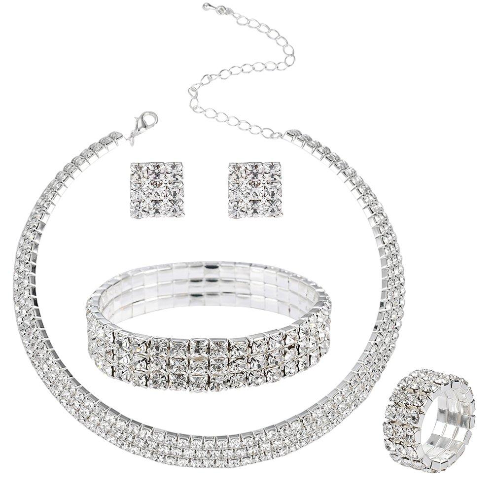 [Australia] - Wiwiw 3-5 Row Crystal Rhinestone Choker Necklace Earrings Bracelet Ring Jewelry Set for Bridal Wedding 3 Row Set 