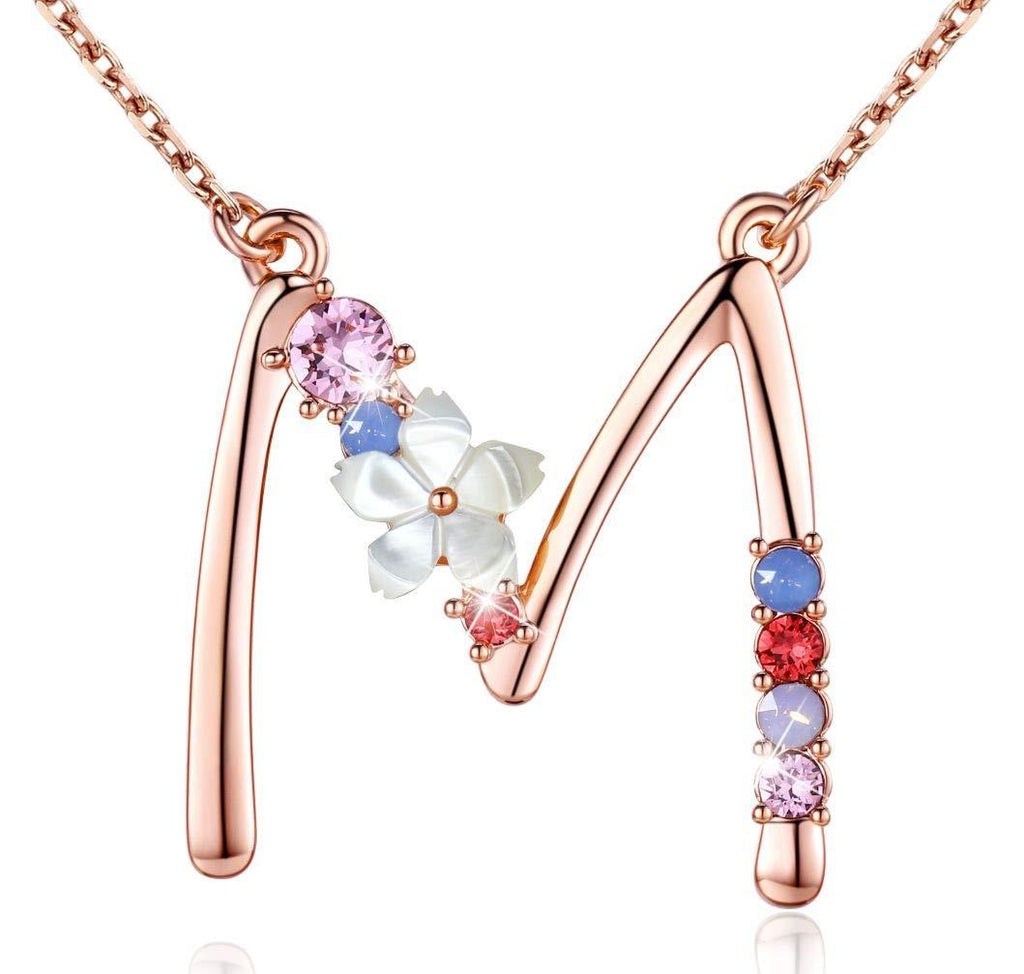 [Australia] - Flower Initial Necklace Amethyst Pink Ruby Red Opal Blue Simulated Pearl Pendant Name Jewelry Made with Swarovski Crystals Rose Gold Plated Anniversary Birthday Gifts for Women Girl,18"+2" Letter M 