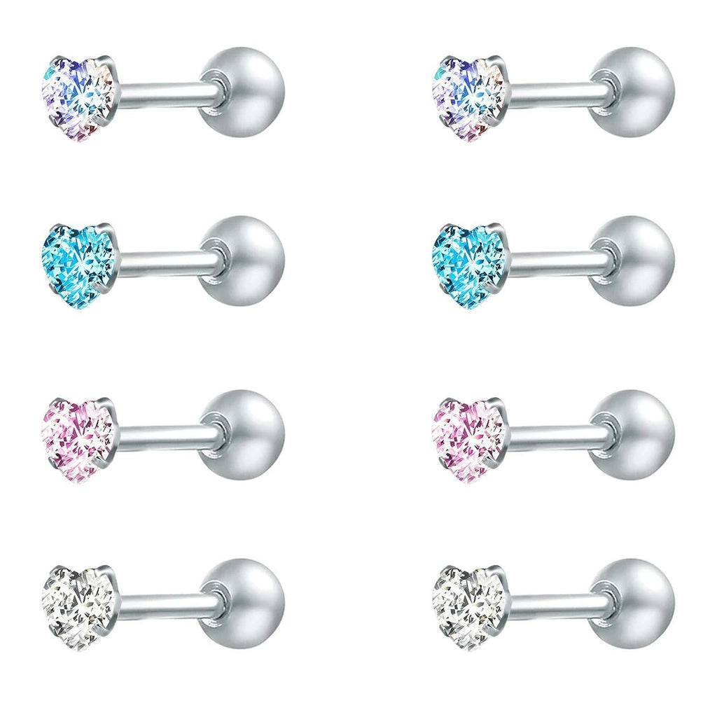 [Australia] - ZS 4 Pairs Shiny Cubic Zirconia Surgical Steel Stud Earrings Tragus Helix Conch Piercing Cartilage Sets Heart,Stone:3mm 