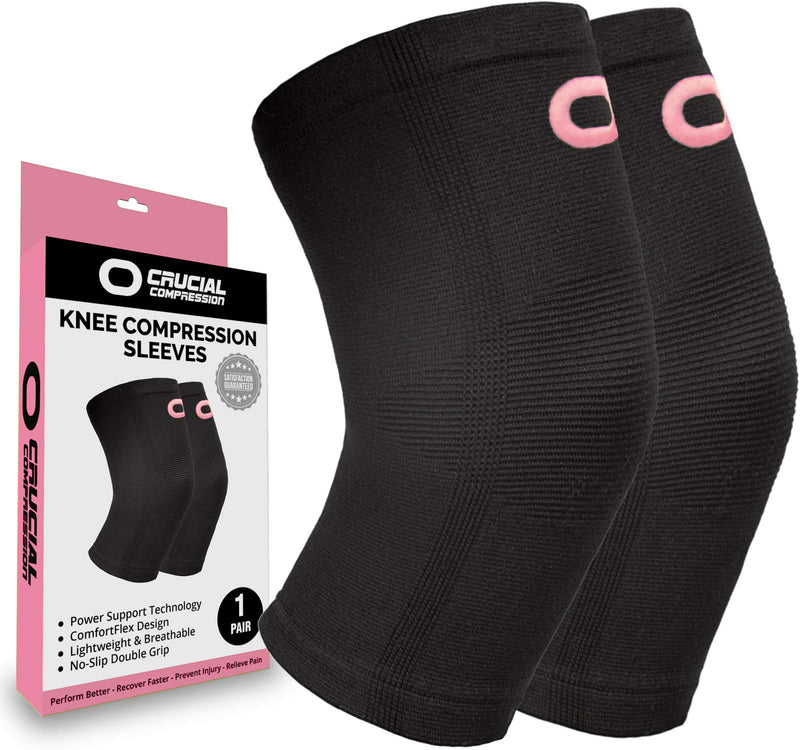[Australia] - Crucial Compression Knee Sleeve (1 Pair) - Best Knee Braces for Knee Pain for Men & Women - Non-Slip Knee Support for Running, Weightlifting, Basketball, Gym, Workout, Sports Medium (18.0-20.0") Measure 3" Above Kneecap Black / Pink 