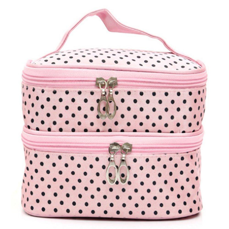[Australia] - HappyDaily Beautiful and Multifunctional Double Layer Waterproof Makeup case or Cosmatic Bag or Travel Toiletry Pouch or Storage Bag for Women Girls with Inner Cosmetic Mirror (Pink Polka Dot) 1 Pink Polka Dot 
