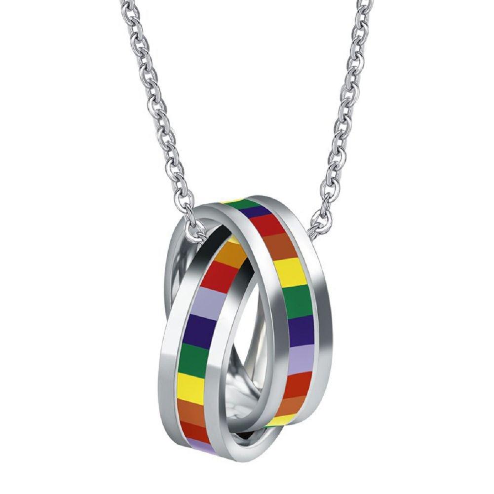 [Australia] - HoBST Gay Pride Rainbow Pendant Necklace LGBT Lesbian Flag with Chain Homosexual Double Rings 