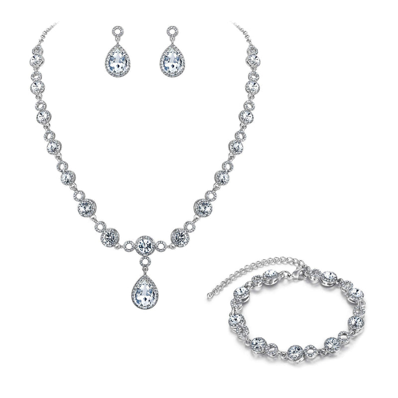 [Australia] - BriLove Women's Wedding Bridal Crystal Infinity Figure 8 Teardrop Y-Necklace Bracelet Earrings Set Clear Silver-Tone 