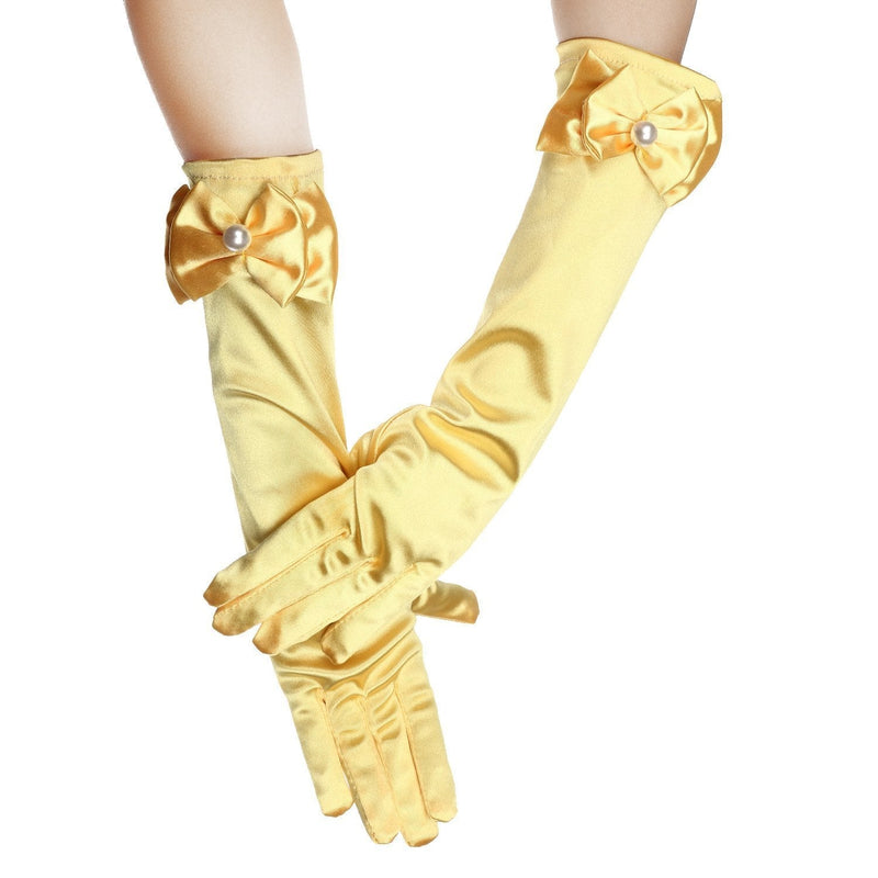 [Australia] - Kids Long Satin Formal Gloves,Full Finger w/Pearl Bowknot for Girls Wedding Dress,10BL One Size Gold 