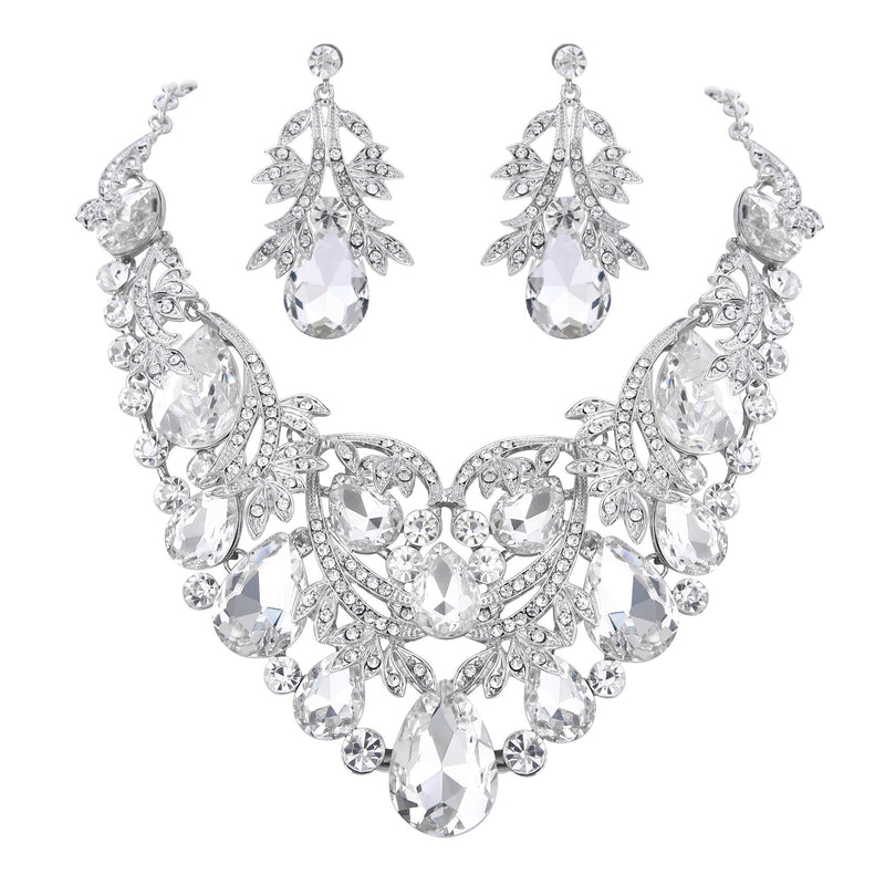 [Australia] - BriLove Women's Bohemian Boho Crystal Teardrop Filigree Leaf Hollow Statement Necklace Dangle Earrings Set Clear Silver-Tone 