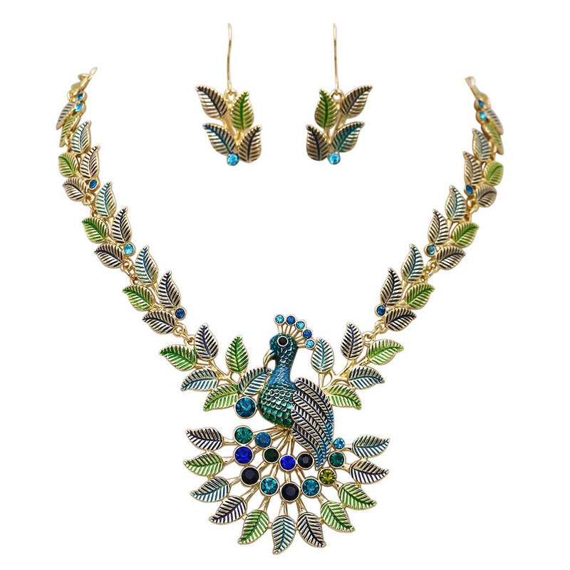 [Australia] - Rosemarie Collections Women's Exotic Crystal Adorned Peacock Necklace and Earrings Set, 14"-17" with 3" Extender- 