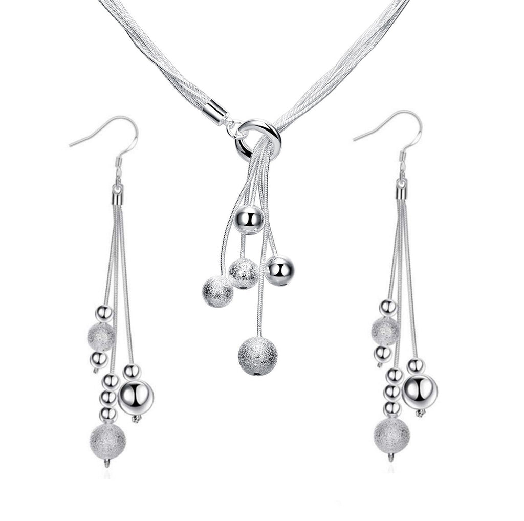 [Australia] - ISAACSONG.DESIGN Sterling Silver Beaded Tassel Y Shape Necklace and Dangle Earrings Bridal Wedding Jewelry Set Women Beaded Tassel Necklace and Earring 2pcs Set 