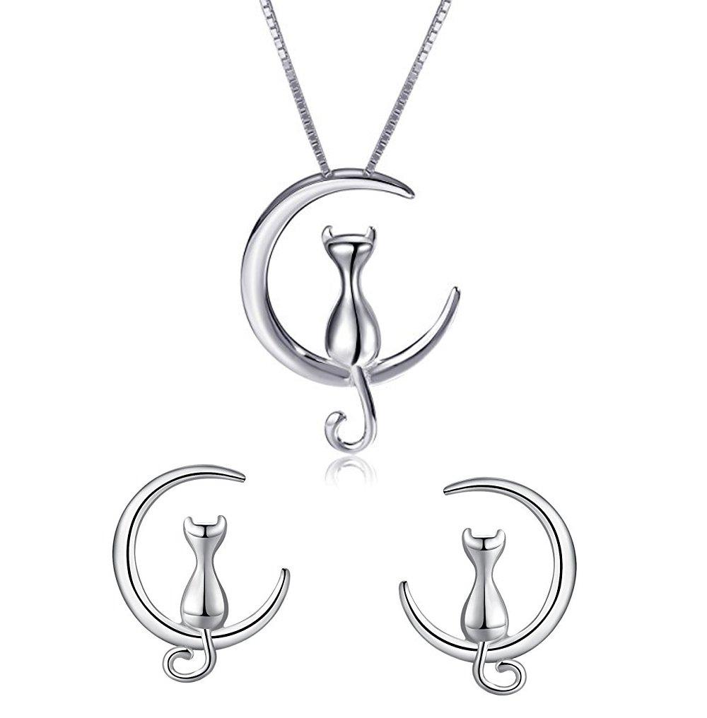 [Australia] - findout Women Cat Necklace 925 Sterling Silver Cat Love You To The Moon Pendant Necklace And Earrings With Curb Chain 18in For Women Girls (f1826) 