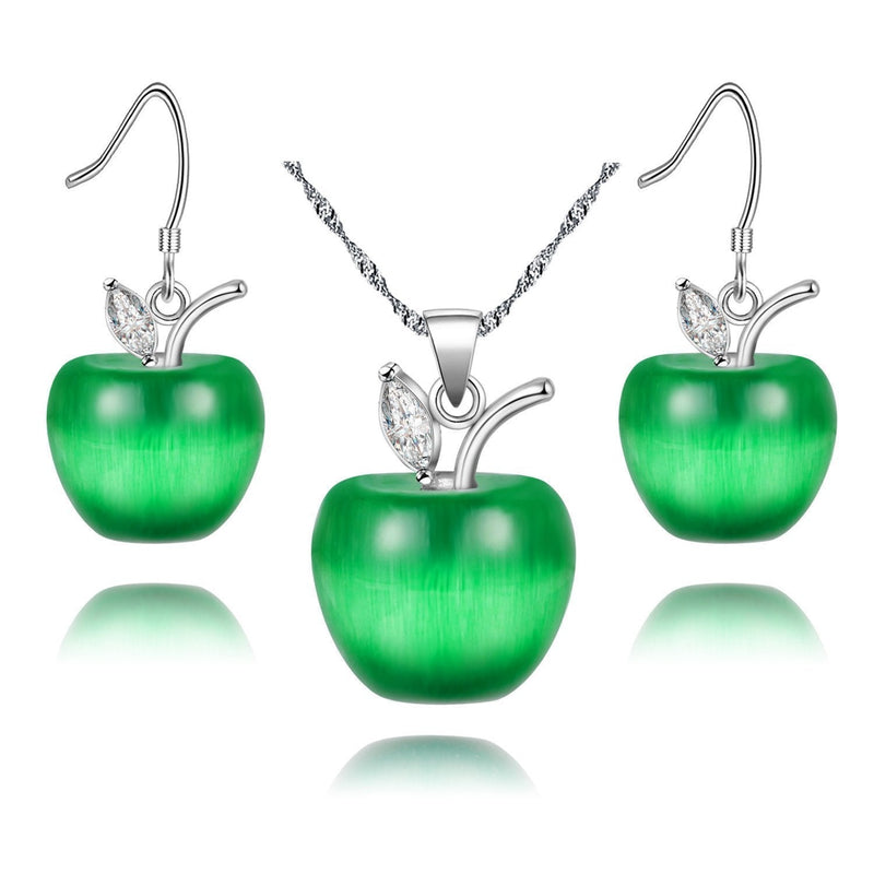 [Australia] - Uloveido Apple Necklace and Earrings Set for Women Girls Cute Apple Jewelry Set for Teacher Mom YL007 Dark Green 