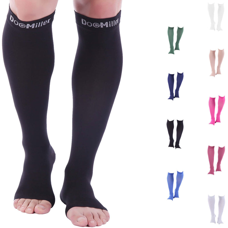 [Australia] - Doc Miller Open Toe Compression Socks Women and Men, Toeless Compression Socks Women, Support Circulation Shin Splints and Calf Recovery, Varicose Veins, 1 Pair Black Knee High, Large Tall, 20-30mmHg 