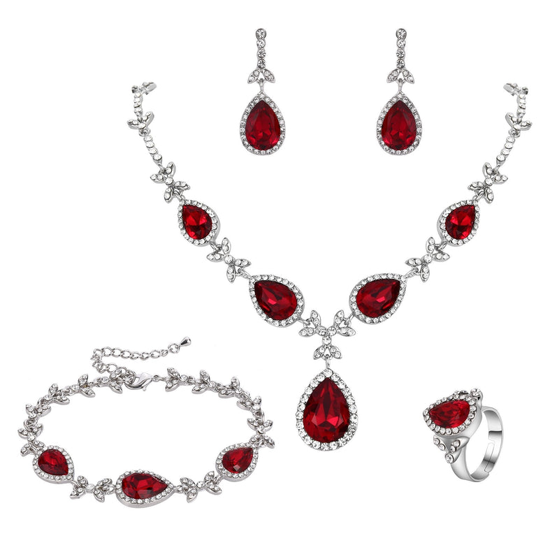 [Australia] - BriLove Women's Wedding Bridal Crystal Floral Leaf Teardrop Y-Necklace Bracelet Earrings Ring Set Ruby Color Silver-Tone 