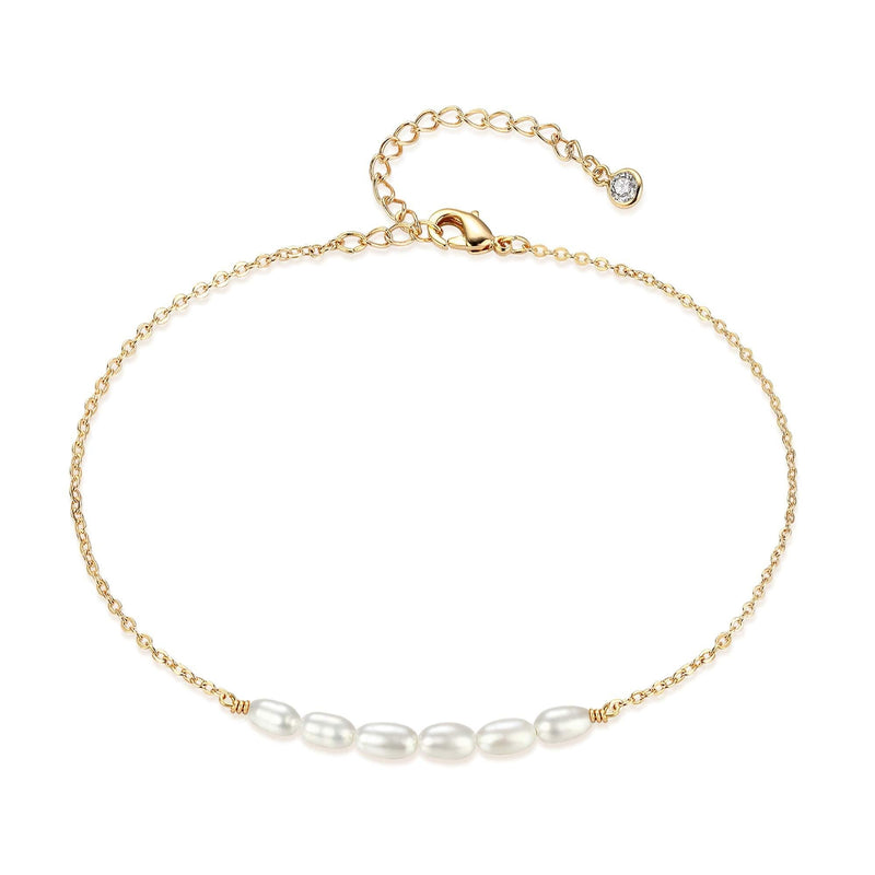[Australia] - Mevecco Pearl Anklet Handmade 18k Gold Plated Dainty Boho Beach Cute Ankle Bracelet Adjustable Wafer Layered Turquoises Dangle Coins Foot Chain for Women Pearl Gold 