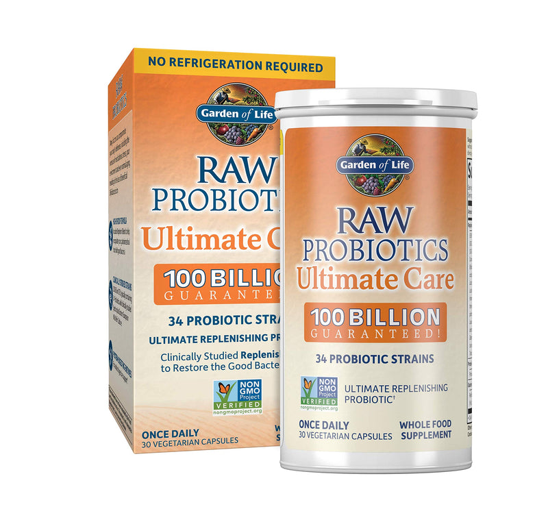 [Australia] - Probiotics for Women and Men - Garden of Life Raw Probiotics Ultimate Care 100 Billion CFU Probiotic Supplement, Daily Probiotic for Adults with Digestive Enzymes, 30 Capsules Shelf Stable Probiotics 