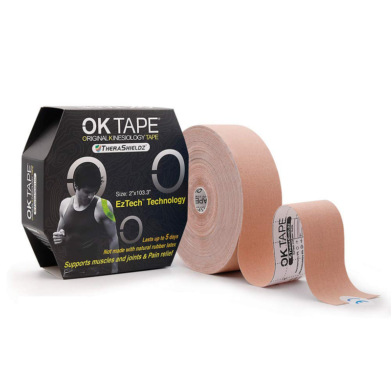 [Australia] - (2in X 103 Feet) OK TAPE PRO Bulk Kinesiology Tape, Original Elastic Latex Free Kinesiology Therapeutic Tape, Free Cut Printed Beige 