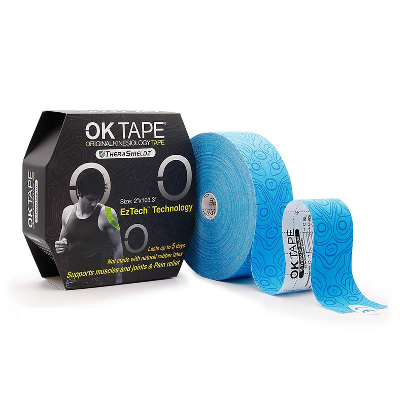 [Australia] - (2in X 103 Feet) OK TAPE PRO Bulk Kinesiology Tape, Original Elastic Latex Free Kinesiology Therapeutic Tape, Free Cut Printed Light Blue 