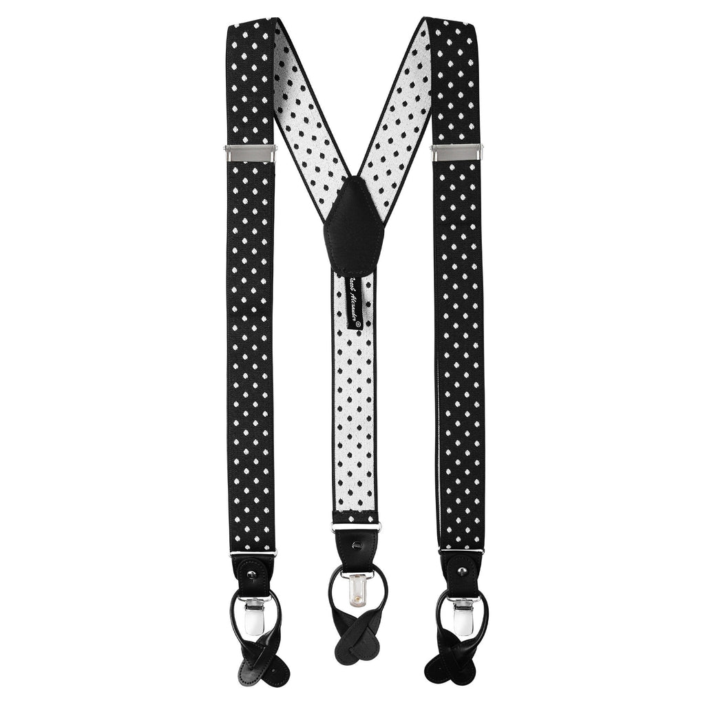 [Australia] - Jacob Alexander Men's Large Dots Y-Back Suspenders Braces Convertible Leather Ends Clips Black White 