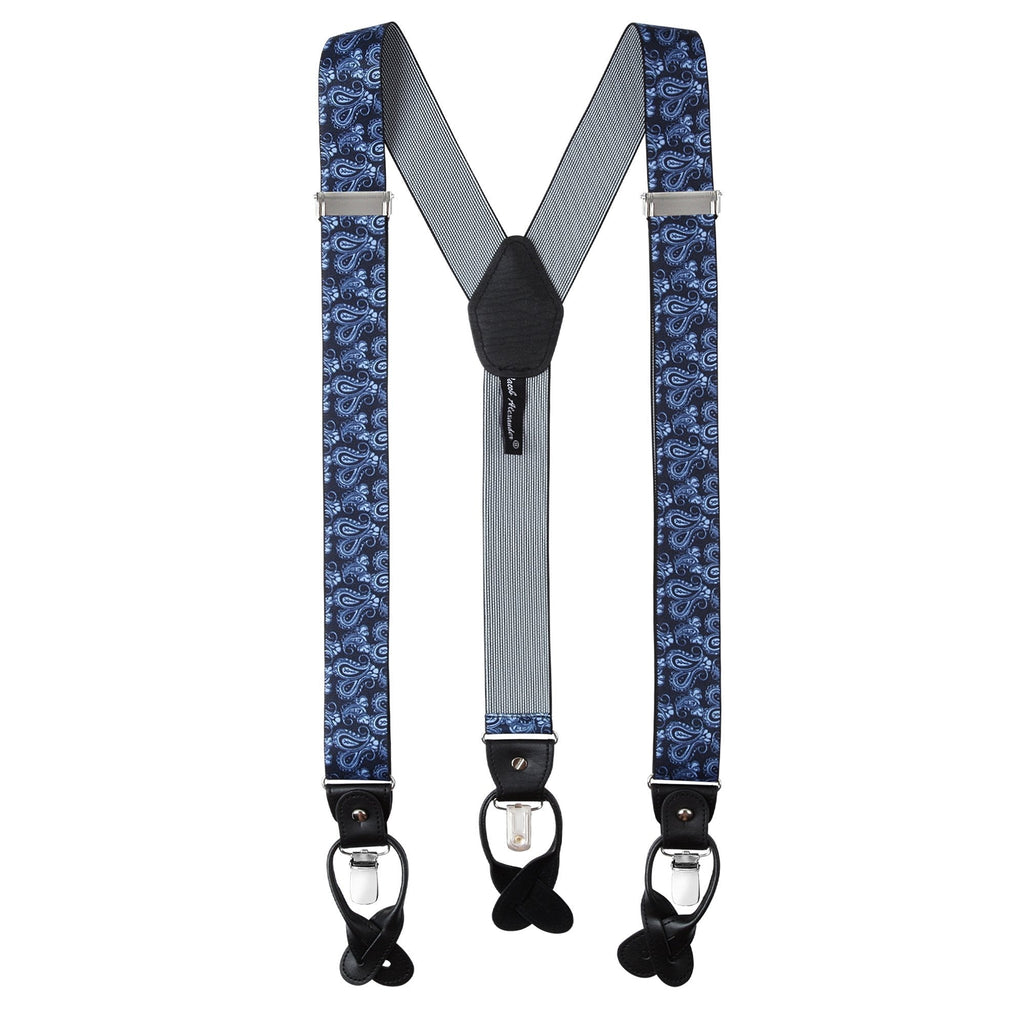 [Australia] - Jacob Alexander Men's Paisley Y-Back Suspenders Braces Convertible Leather Ends Clips - Navy 