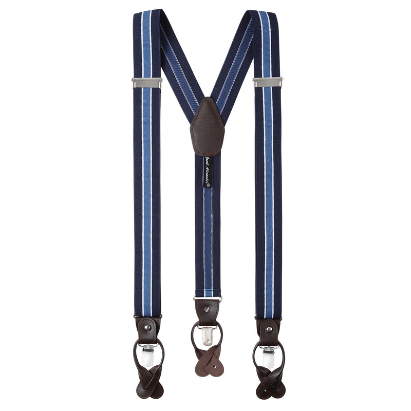 [Australia] - Jacob Alexander Men's Stripes Y-Back Suspenders Braces Convertible Leather Ends Clips Navy White Blue 