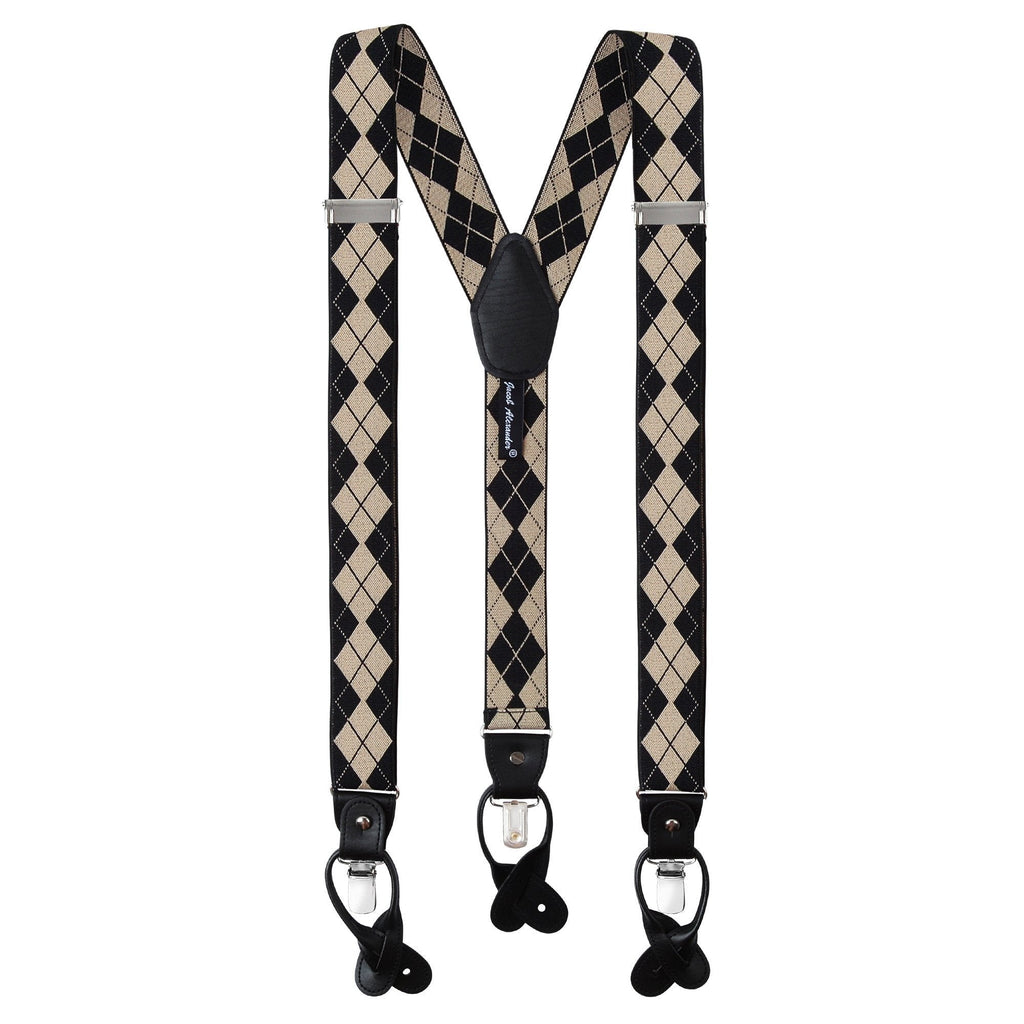 [Australia] - Jacob Alexander Men's Argyle Y-Back Suspenders Braces Convertible Leather Ends Clips Black Tan 