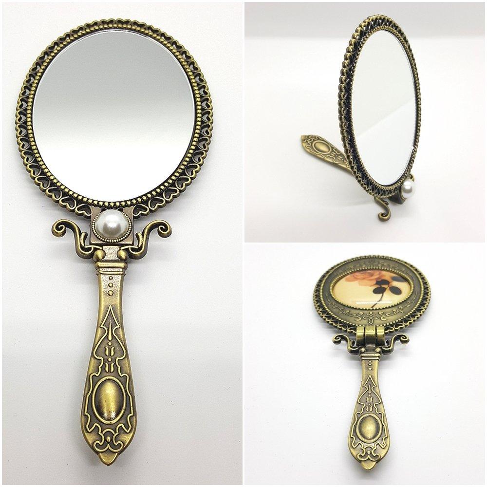 [Australia] - Handheld Mirror Antique with Stand Double Folding Sided Brass for Makeup Mirror 18cm ( 7 inch) 