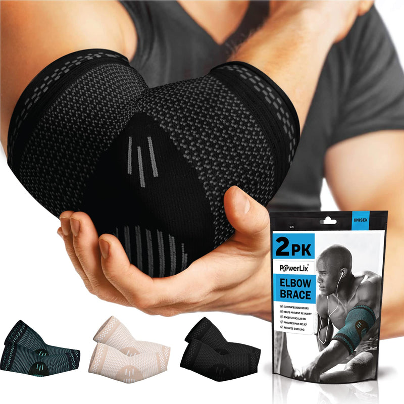 [Australia] - PowerLix Elbow Brace Compression Support (Pair) - Elbow Sleeve for Tendonitis, Tennis Elbow Brace and Golfers Elbow Treatment, Arthritis, Workouts, Weightlifting – Reduce Elbow Pain Black X-Large 