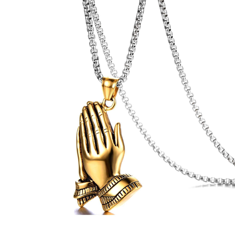 [Australia] - Fusamk Fashion Stainless Steel Prayer of Hand Pendant Necklace,24" Link Chain Gold Prayer of Hand 
