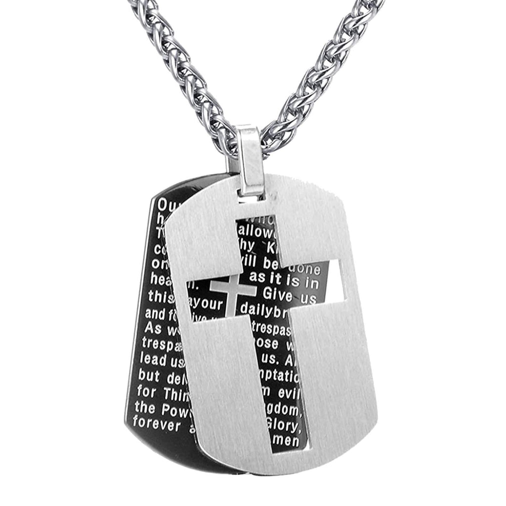 [Australia] - Fusamk Fashion Religious Titanium Steel Lord's Prayer Cross Dog Tag Pendant Necklace Black Dog Tag 