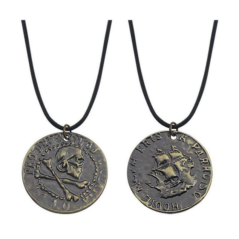 [Australia] - Antique Bronze Uncharted 4 Drake Engraved Skull Gold COIN Pendant Necklace,Black leather Chain 