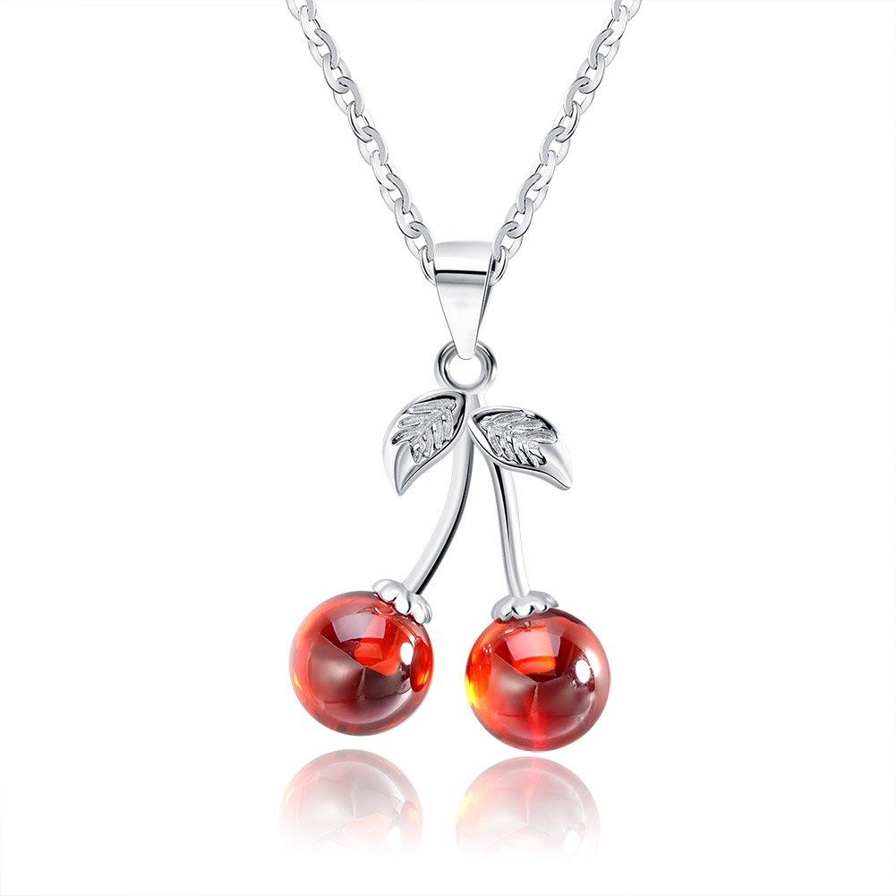 [Australia] - Ginger Lyne Collection Cherry Red Agate Stone Sterling Silver Pendant Necklace Water Waves Chain 