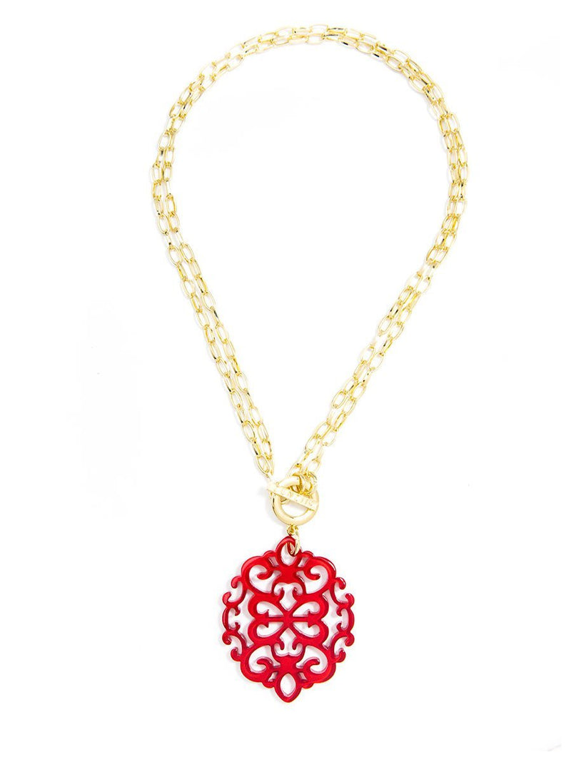 [Australia] - ZENZII Modern Damask Acrylic Resin Pendant Necklace with Convertible Toggle Chain Red 