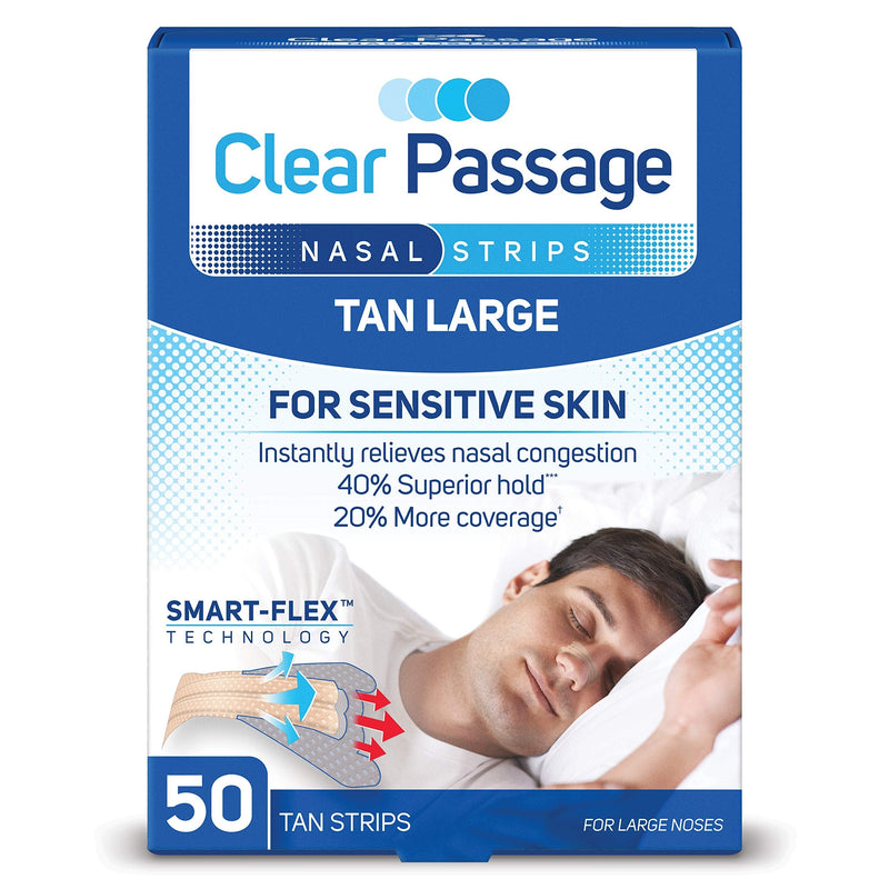 [Australia] - Clear Passage Nasal Strips Large, Tan, 50 ct | Works Instantly to Improve Sleep, Reduce Snoring, & Relieve Nasal Congestion Due to Colds & Allergies 