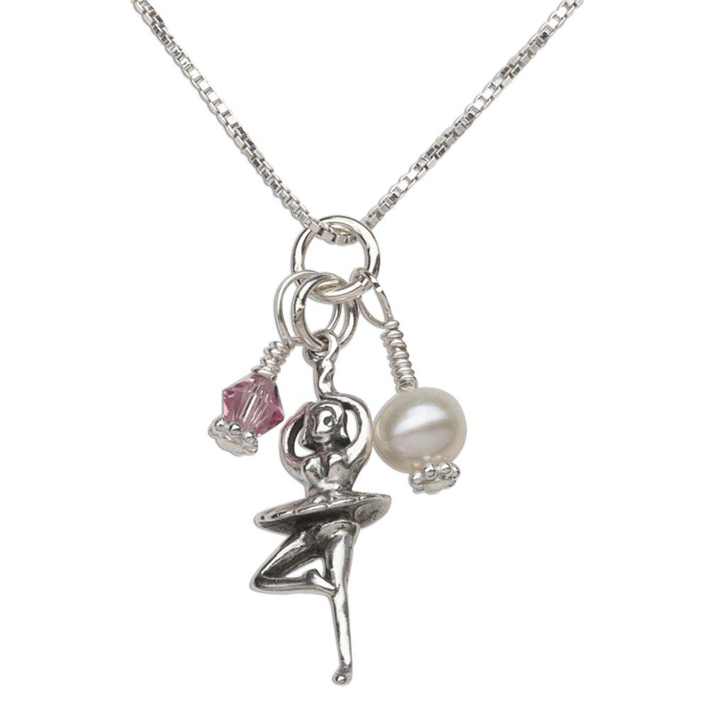 [Australia] - Girl's Sterling Silver Ballerina Necklace with Cultured Pearl and Pink Swarovski Crystal 16-18 Inch (Adjustable) 
