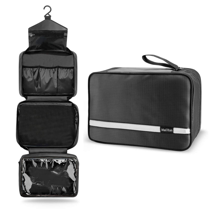 [Australia] - Toiletry Bag for Men & Women | Large Toiletry Bags for Traveling | Hanging Compact Hygiene Bag with 4 Compartments | Waterproof Bathroom Shower Bag (Black) Black 