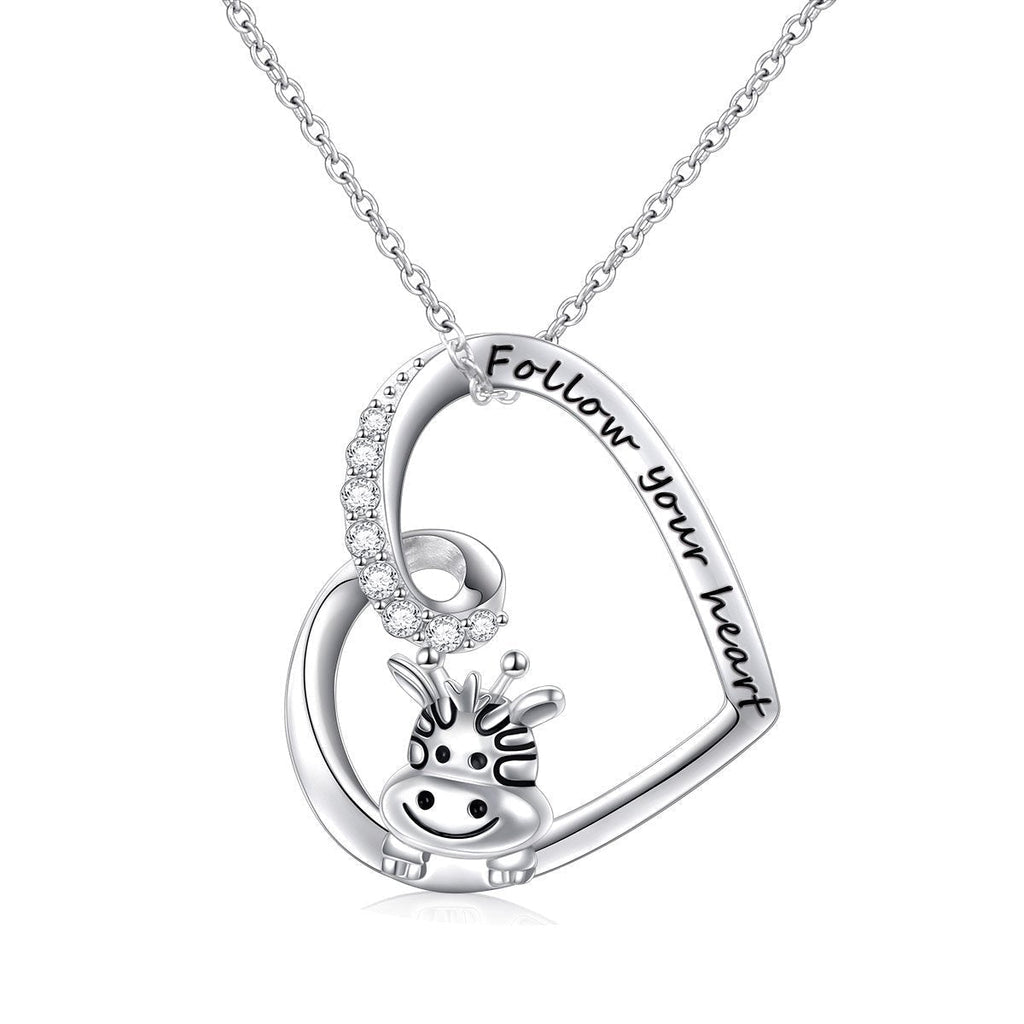 [Australia] - 925 Sterling Silver Cute Animal Heart Pendant Necklace with Words Engraved, Chain 18 inch Women Girls Birthday Gift Jewelry 02_Giraffe-Follow Your Heart 