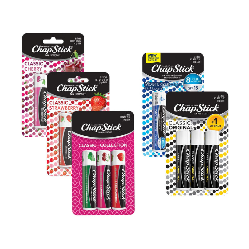 [Australia] - ChapStick Classic Collection Flavored Lip Balm Tubes Pack, Lip Moisturizer - 0.15 Oz (Box of 5 Packs of 3) 