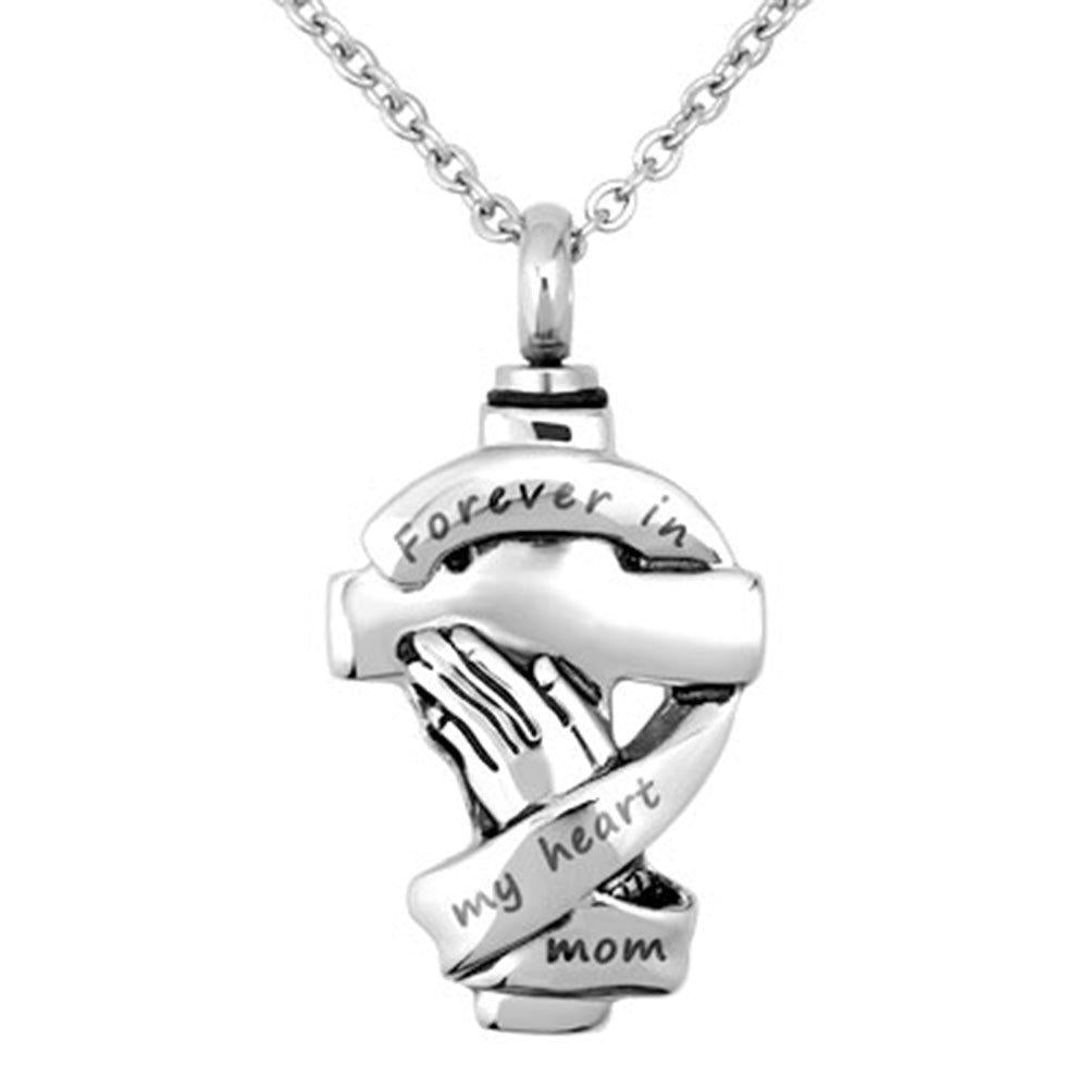 [Australia] - JewelryHouse Urn Cremation Ash Memorial Keepsake Cross Forever in My Heart Mom Stainless Steel Neckalce Cross 1 