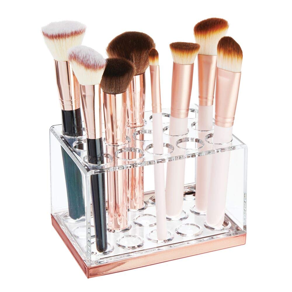 [Australia] - mDesign Plastic Makeup Brush Storage Organizer with 15 Slots for Bathroom Countertop, Vanity to Hold Eye/Lip Pencils, Lip Gloss, Liners, Lipstick - Clear/Rose Gold 