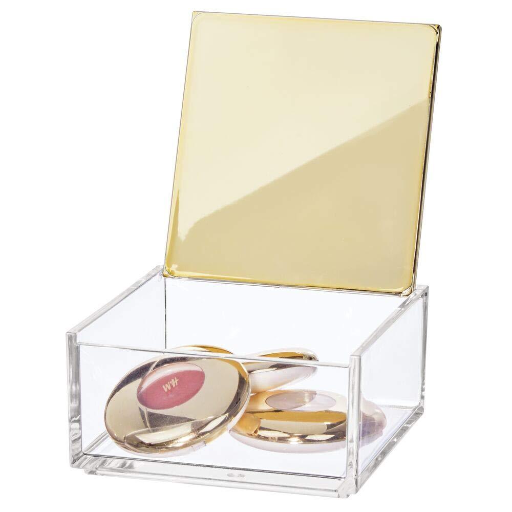 [Australia] - mDesign Mini Makeup Organizer Box with Decorative Lid for Bathroom Vanity Countertops, Cabinet - Store Eye Shadow Palettes, Lipstick, Lip Gloss, Blush, Concealer, Jewelry - Plastic, Clear/Soft Brass 4 x 4 x 2 
