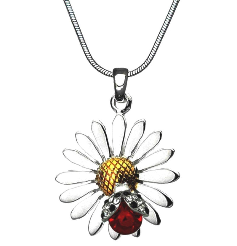 [Australia] - DianaL Boutique Beautiful Silvertone Daisy Flower Ladybug Pendant Necklace 19" Chain Gift Boxed Fashion Jewelry 