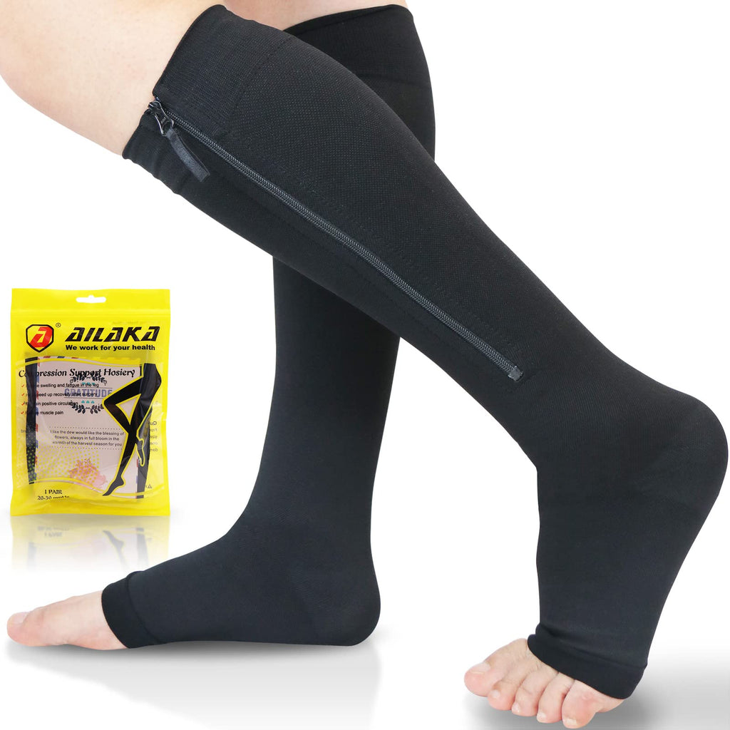 [Australia] - Ailaka Zipper 20-30 mmHg Compression Socks for Women & Men, Knee High Open Toe Large (1 Pair) Black 