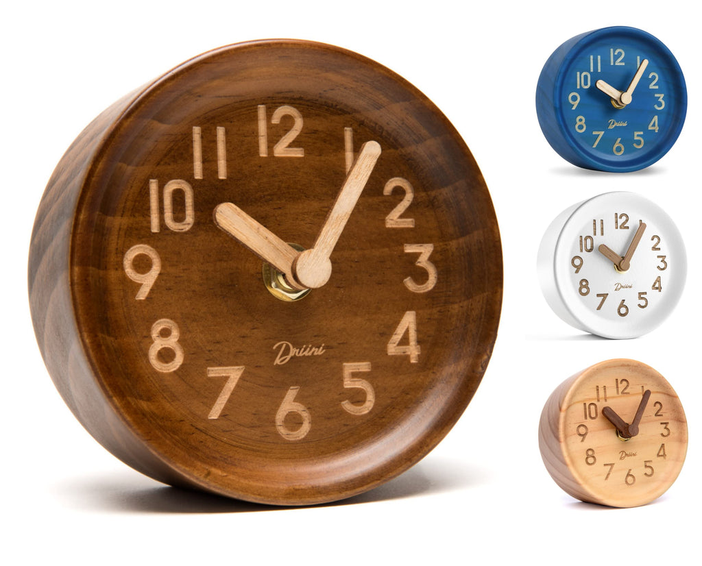 [Australia] - Driini Wooden Analog Desktop Clock – 4.3 in. Decorative Pinewood Clock, No-Tick Design – Easy to Read Silent Sweep Mantle Clock – Quiet Tabletop Clocks with Wood Body, Hands, & Battery Cover; Dark Brown 