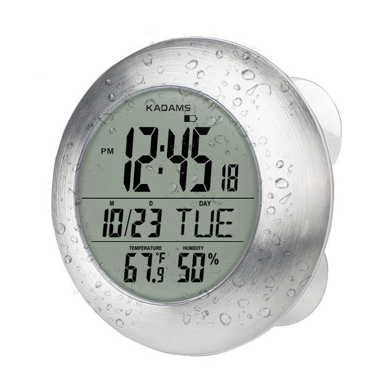 [Australia] - Kadams Bathroom Shower Digital Wall Clock - Kitchen Clock - Water Resistant Timer - Seconds Counter - Temperature & Humidity Display - Wall Calendar - Multiple Mounting Options (Silver) 