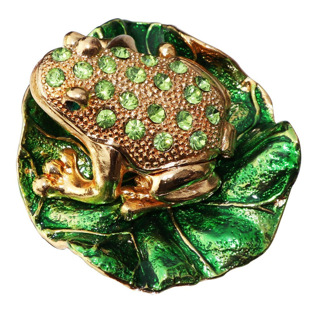 [Australia] - Waltz&F Lotus green diamond frog Hand Painted Enameled Decorative Hinged Jewelry Animal Trinket Box 