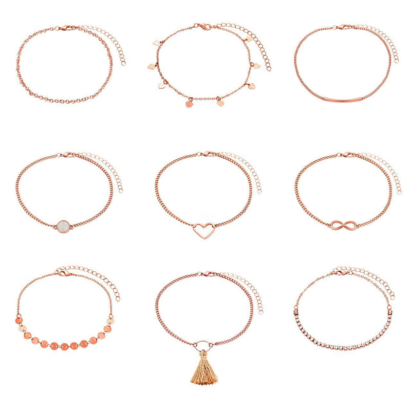 [Australia] - NVENF 9PCS Anklets for Women Layered Chain Ankle Bracelets Set Bohemia Heart Sequin Charm Anklets Adjustable Summer Beach Foot Jewelry Rose Gold 9pcs 