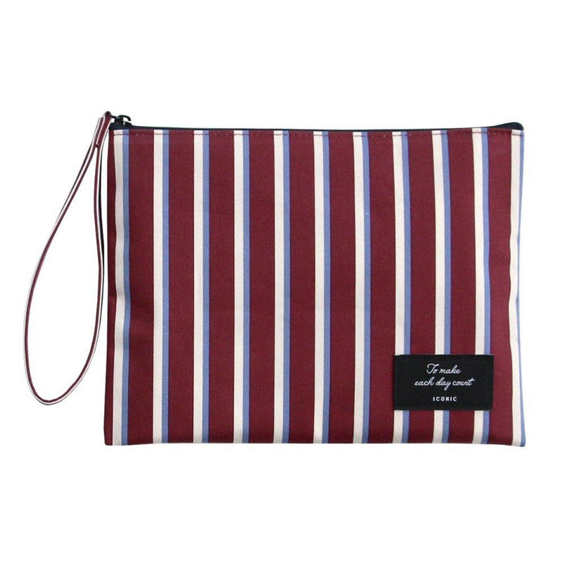 [Australia] - ICONIC Plain Flat Pouch Handy Travel Accessories Makeup Cosmetics Toiletry Organizer (L, Burgundy Stripe) L 