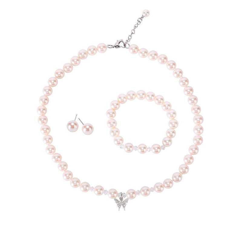 [Australia] - LEILE 8mm Faux Crystal Glass Imitation Pearls Necklace Bracelet Earring Butterfly Pendant Jewelry 3 Set Pink,14.5inch 