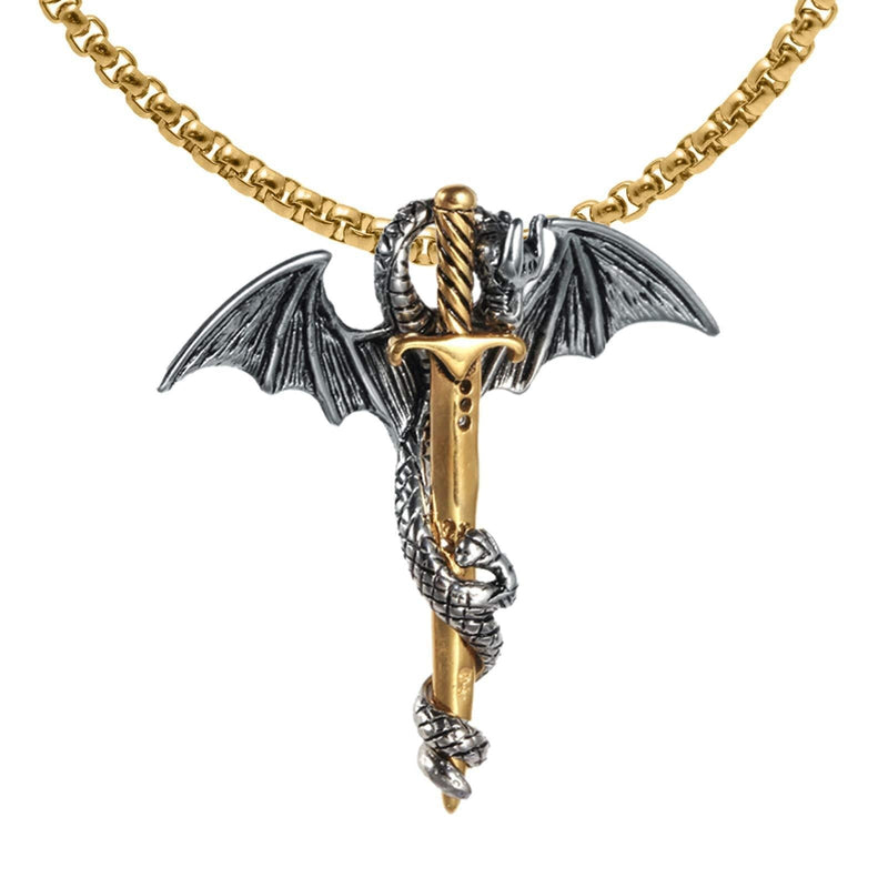 [Australia] - Nsitbbuery Hip Hop Stainless Steel Wings Dragon Tag Pendant 20" Plated 18K Gold Square Box Chain Necklace 