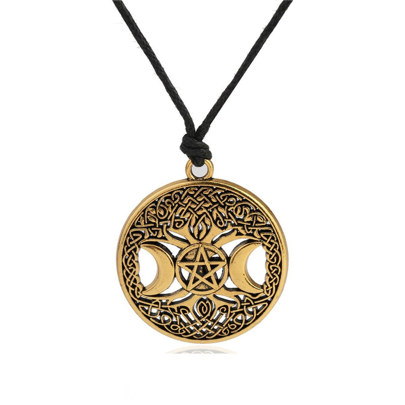 [Australia] - Ztuo Tree of Life Triple Moon Goddess Golden/Silver Necklace Celtic Knot Pentagram Pentacle Star Pendant Antique gold 